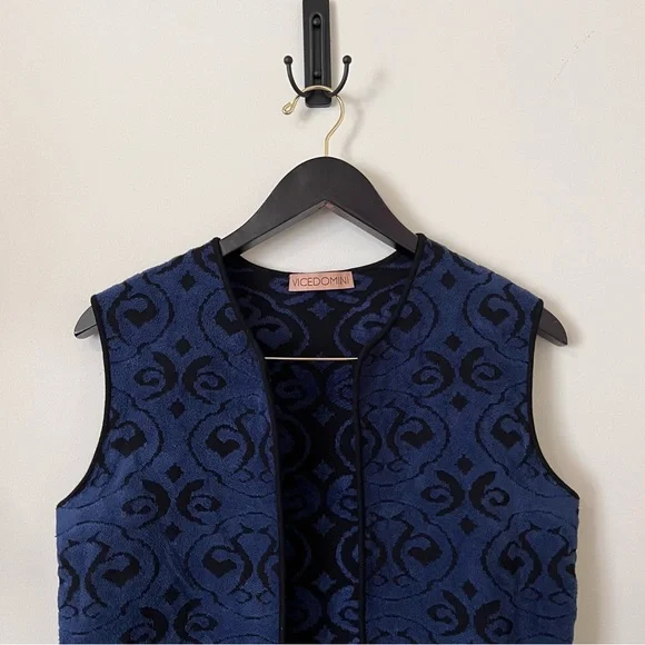 Vicedomini Italian Sleeveless Long Knit Vest in Navy Black Women's Large